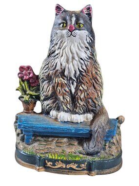 Vintage Cast Iron Doorstop Cat on a Bench Multicolor Retro